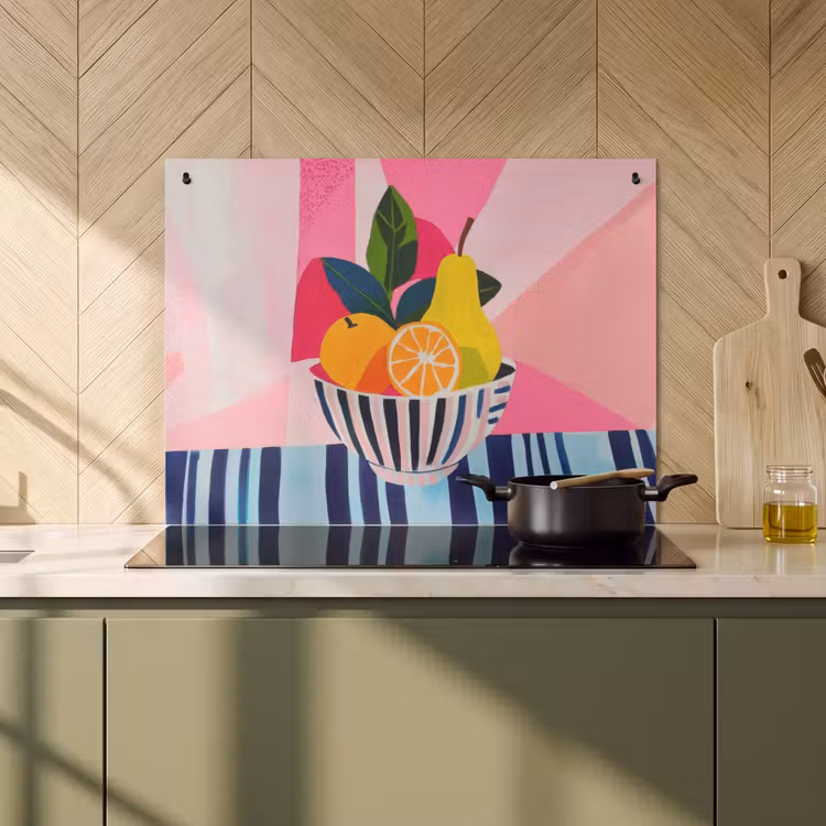 2-in-1 Herdabdeckplatte & Spritzschutz - Obst - Abstrakter Hintergrund - Rosa - Fruit - Abstracte achtergrond - Roze Inductie beschemer met haakjes klein
