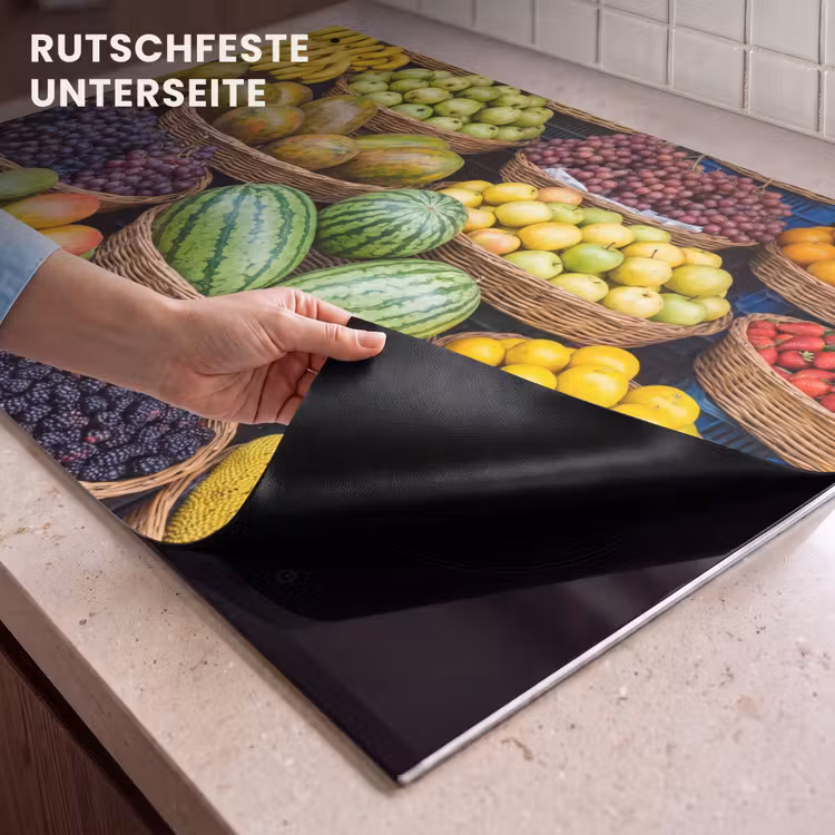 2-in-1 Herdabdeckplatte & Spritzschutz - Obst – Markt – Bunt - Fruit - Markt - Kleurrijk Inductie beschemer met haakjes klein