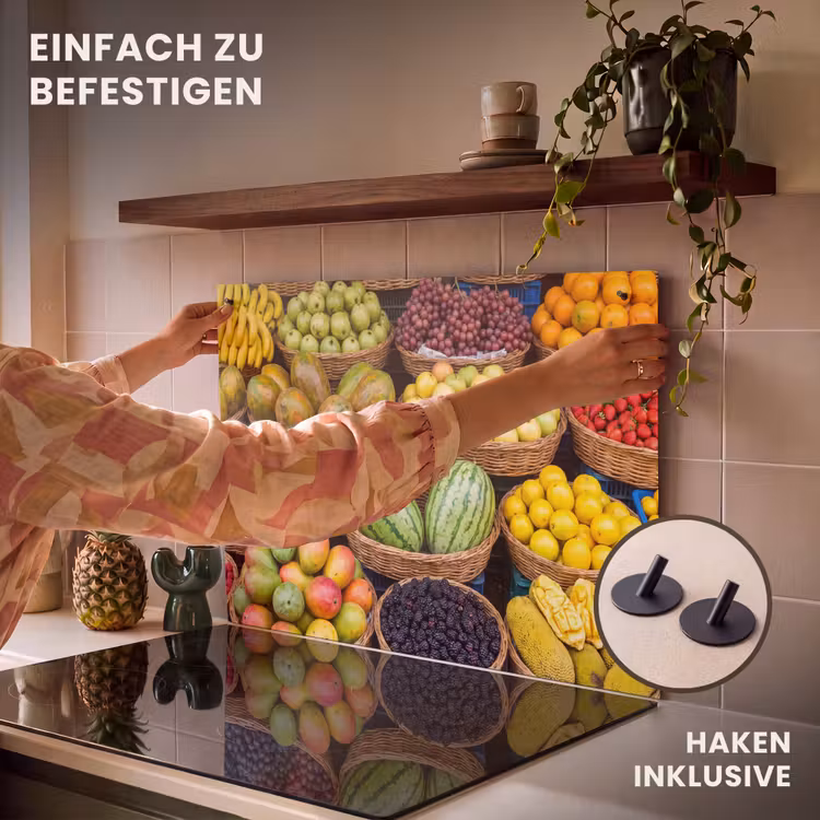 2-in-1 Herdabdeckplatte & Spritzschutz - Obst – Markt – Bunt - Fruit - Markt - Kleurrijk Inductie beschemer met haakjes klein