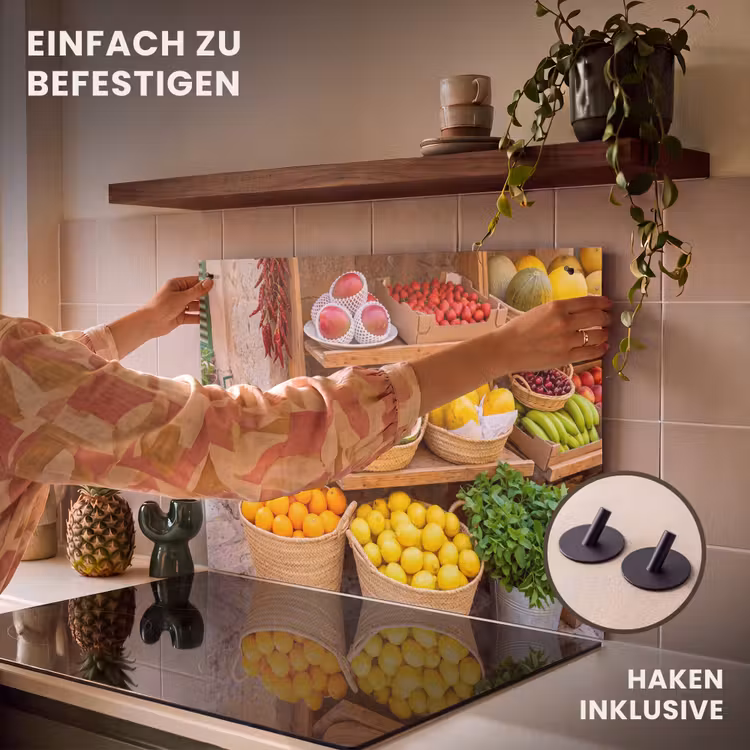 2-in-1 Herdabdeckplatte & Spritzschutz - Obst – Markt – Frisch - Fruit - Markt - Vers Inductie beschemer met haakjes klein