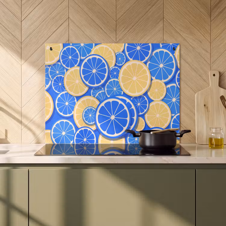 Fruit - Schijven - Patroon - Modern - Blauw - Geel Inductie beschemer met haakjes klein -sfeer2