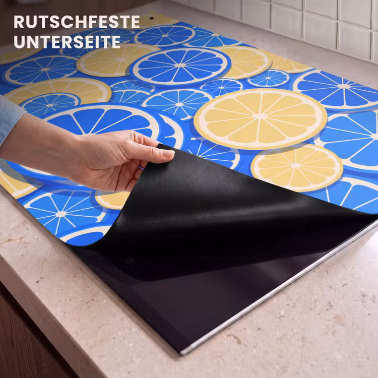 Fruit - Schijven - Patroon - Modern - Blauw - Geel Inductie beschemer met haakjes klein -ky-onderkant-de