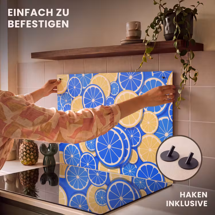 Fruit - Schijven - Patroon - Modern - Blauw - Geel Inductie beschemer met haakjes klein -ky-ophangen-de