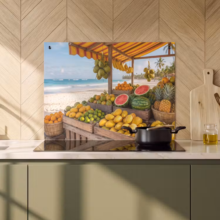 2-in-1 Herdabdeckplatte & Spritzschutz - Obst – Strand – Tropisch - Fruit - Strand - Tropisch Inductie beschemer met haakjes klein