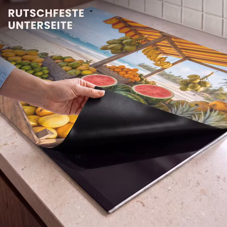 2-in-1 Herdabdeckplatte & Spritzschutz - Obst – Strand – Tropisch - Fruit - Strand - Tropisch Inductie beschemer met haakjes klein