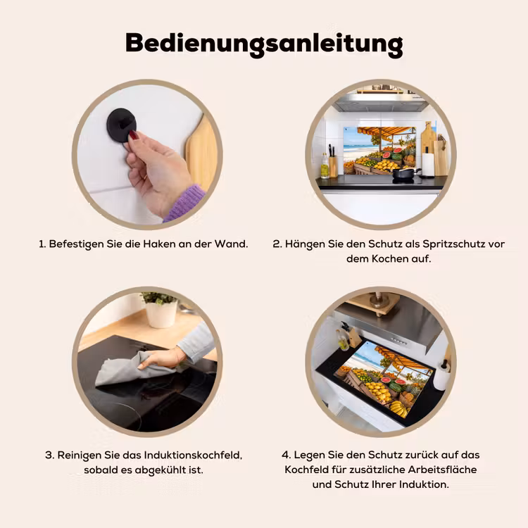 2-in-1 Herdabdeckplatte & Spritzschutz - Obst – Strand – Tropisch - Fruit - Strand - Tropisch Inductie beschemer met haakjes klein