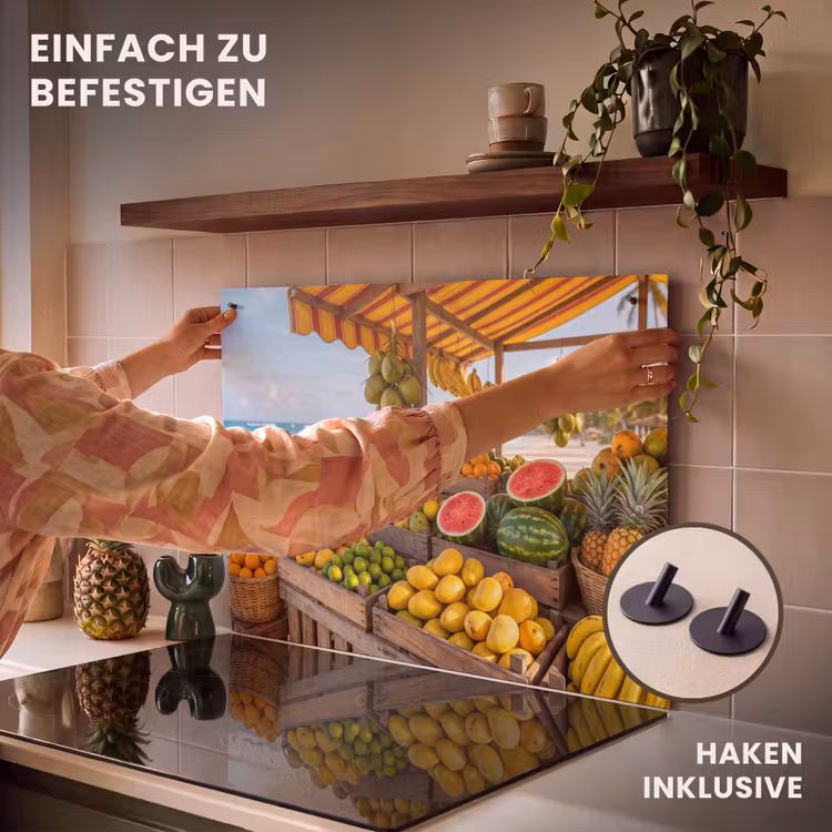 2-in-1 Herdabdeckplatte & Spritzschutz - Obst – Strand – Tropisch - Fruit - Strand - Tropisch Inductie beschemer met haakjes klein