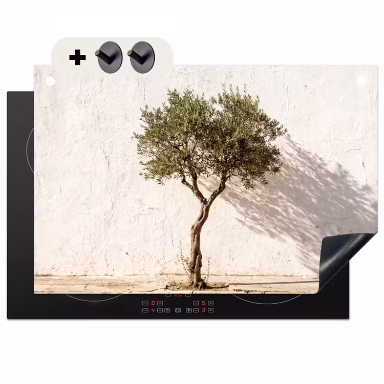 2-in-1 Herdabdeckplatte & Spritzschutz - Olivenbaum – Wand – weiß - Olijfboom - muur - wit Inductie beschemer met haakjes klein