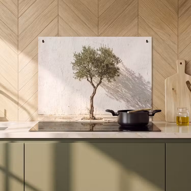 2-in-1 Herdabdeckplatte & Spritzschutz - Olivenbaum – Wand – weiß - Olijfboom - muur - wit Inductie beschemer met haakjes klein