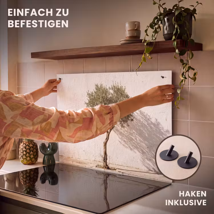 2-in-1 Herdabdeckplatte & Spritzschutz - Olivenbaum – Wand – weiß - Olijfboom - muur - wit Inductie beschemer met haakjes klein
