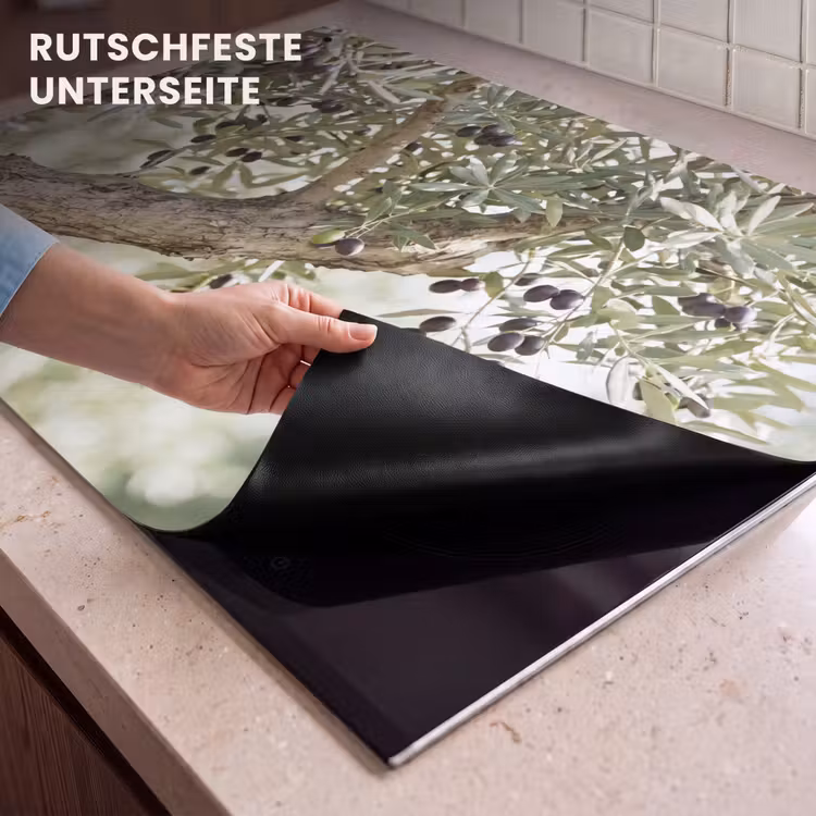 2-in-1 Herdabdeckplatte & Spritzschutz - Olivenbaum – Zweig – grün - Olijfboom - tak - groen Inductie beschemer met haakjes klein