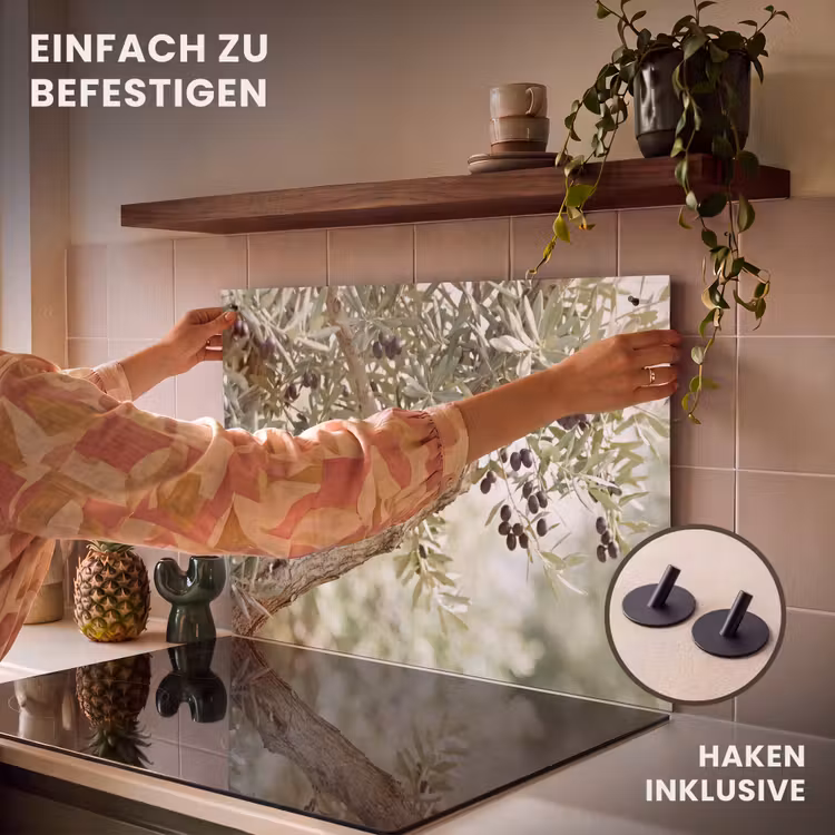 2-in-1 Herdabdeckplatte & Spritzschutz - Olivenbaum – Zweig – grün - Olijfboom - tak - groen Inductie beschemer met haakjes klein