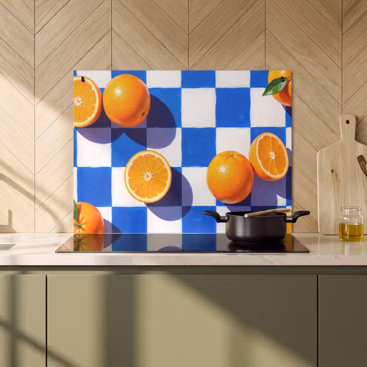 2-in-1 Herdabdeckplatte & Spritzschutz - Orange – Kariert – Essen - Sinaasappel - Geruit - Eten Inductie beschemer met haakjes klein