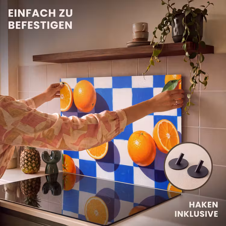 2-in-1 Herdabdeckplatte & Spritzschutz - Orange – Kariert – Essen - Sinaasappel - Geruit - Eten Inductie beschemer met haakjes klein