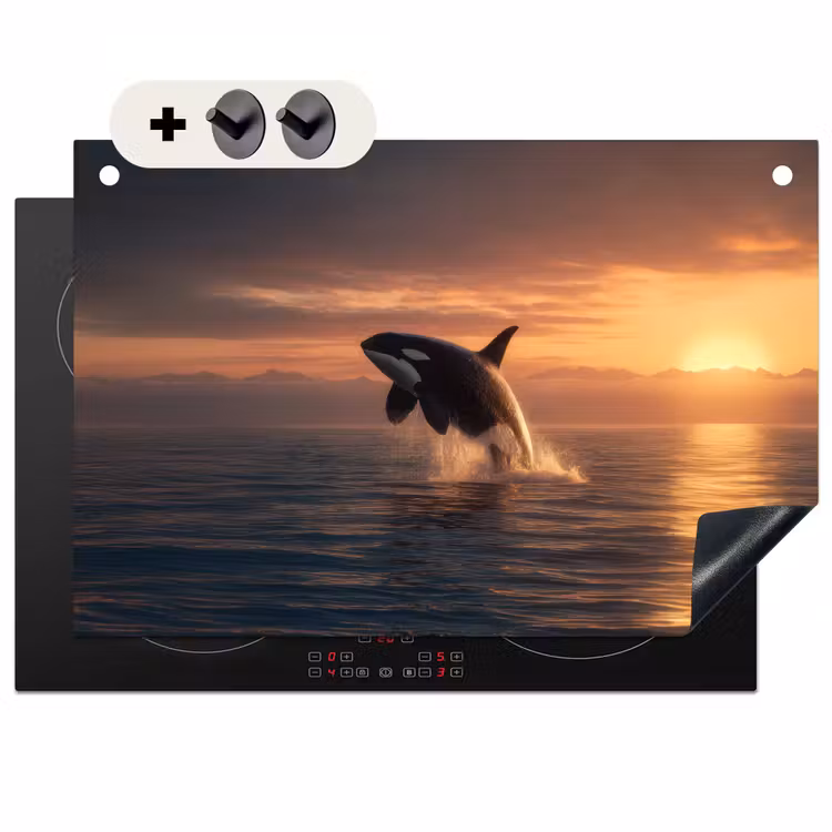 2-in-1 Herdabdeckplatte & Spritzschutz - Orca - Meer - Sonnenuntergang - Orka - Zee - Zonsondergang Inductie beschemer met haakjes klein