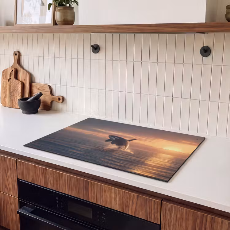 2-in-1 Herdabdeckplatte & Spritzschutz - Orca - Meer - Sonnenuntergang - Orka - Zee - Zonsondergang Inductie beschemer met haakjes klein