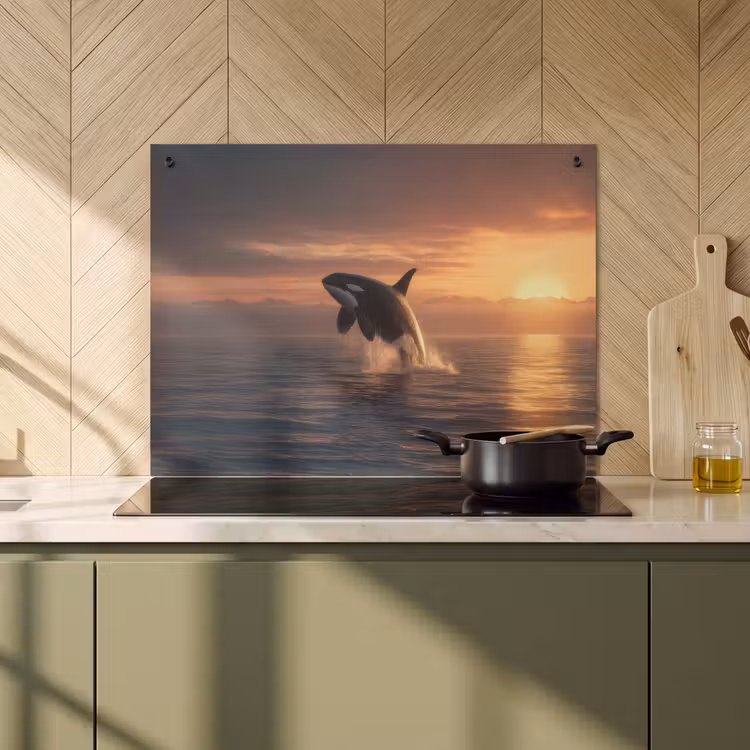 2-in-1 Herdabdeckplatte & Spritzschutz - Orca - Meer - Sonnenuntergang - Orka - Zee - Zonsondergang Inductie beschemer met haakjes klein