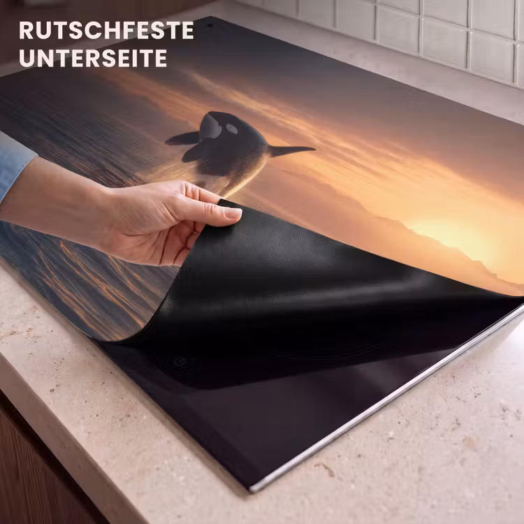 2-in-1 Herdabdeckplatte & Spritzschutz - Orca - Meer - Sonnenuntergang - Orka - Zee - Zonsondergang Inductie beschemer met haakjes klein