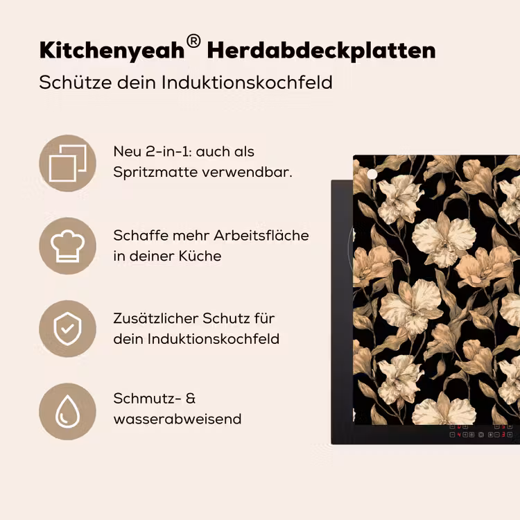 Orchideeën - Lijntekening - Patroon - Beige - Zwart Inductie beschemer met haakjes klein 777 -ky-usp-de