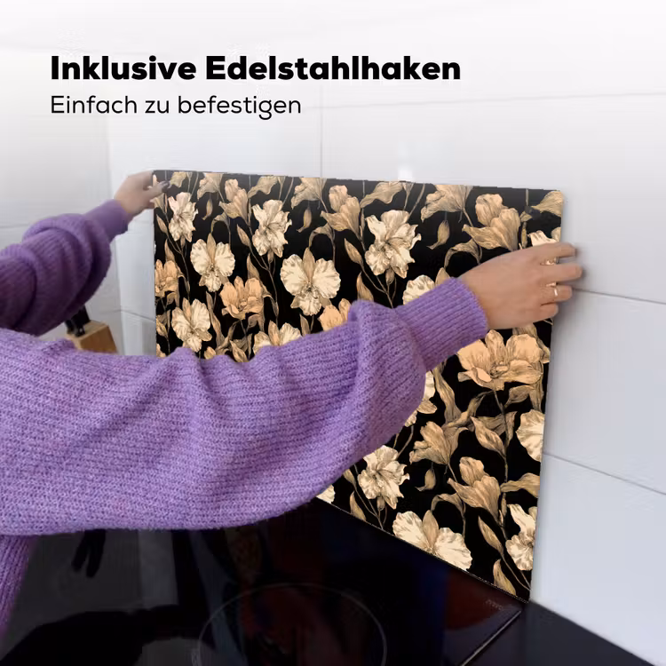 Orchideeën - Lijntekening - Patroon - Beige - Zwart Inductie beschemer met haakjes klein 777 -ky-ophangen-de