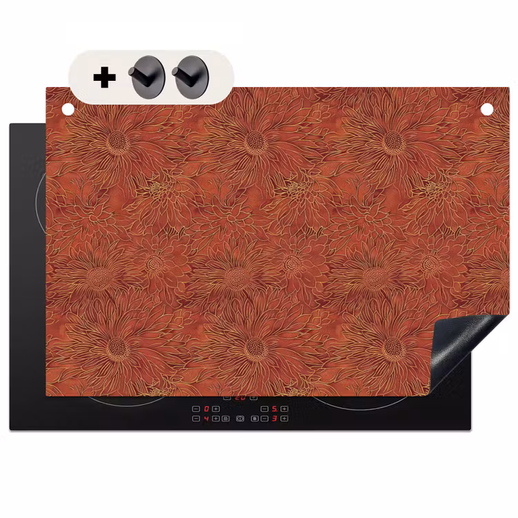 2-in-1 Herdabdeckplatte & Spritzschutz - Orientalisch - Blumen - Terrakotta - Oosters - Bloemen - Terracotta Inductie beschemer met haakjes klein 777