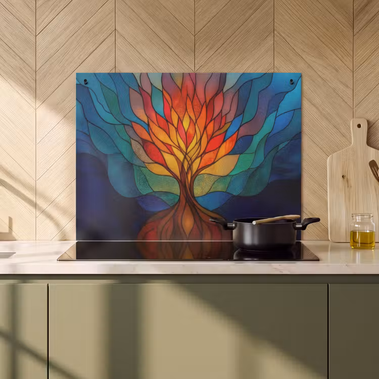 2-in-1 Herdabdeckplatte & Spritzschutz - Ornamentales Glas - Baum - Rot - Wohnungen - Sierglas - Boom - Rood - Vlakken Inductie beschemer met haakjes klein