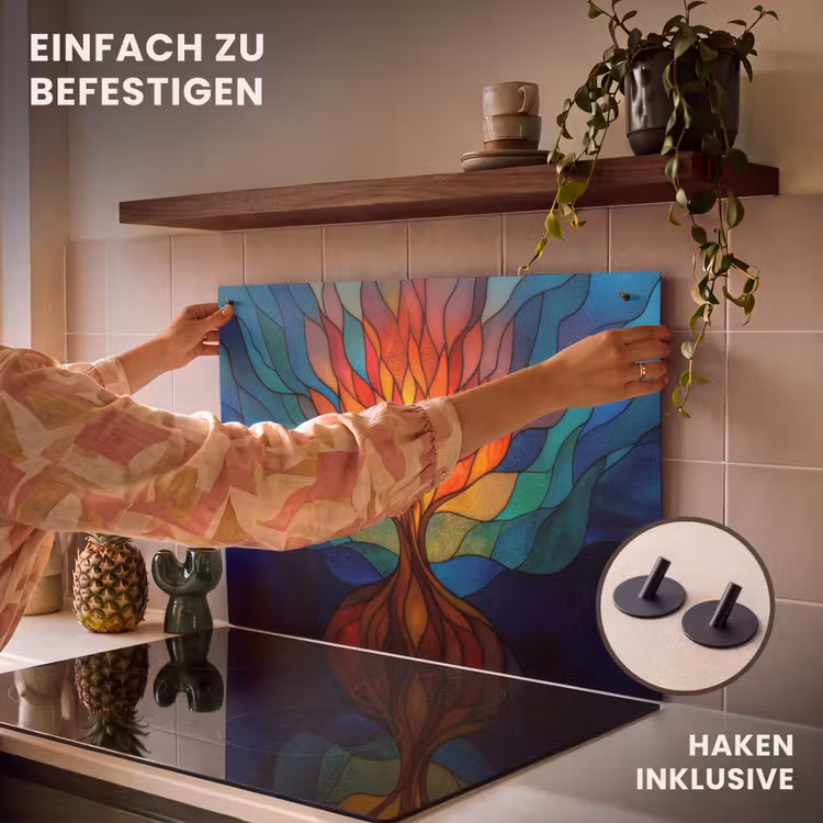 2-in-1 Herdabdeckplatte & Spritzschutz - Ornamentales Glas - Baum - Rot - Wohnungen - Sierglas - Boom - Rood - Vlakken Inductie beschemer met haakjes klein