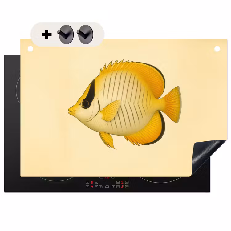 2-in-1 Herdabdeckplatte & Spritzschutz - Oval - Fisch - Gelb - Schuppen - Ovaal - Vis - Geel - Schubben Inductie beschemer met haakjes klein