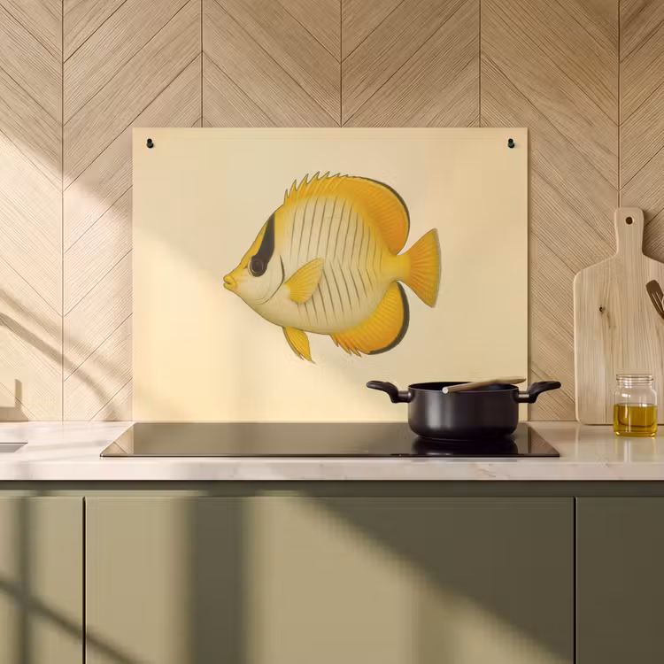 2-in-1 Herdabdeckplatte & Spritzschutz - Oval - Fisch - Gelb - Schuppen - Ovaal - Vis - Geel - Schubben Inductie beschemer met haakjes klein