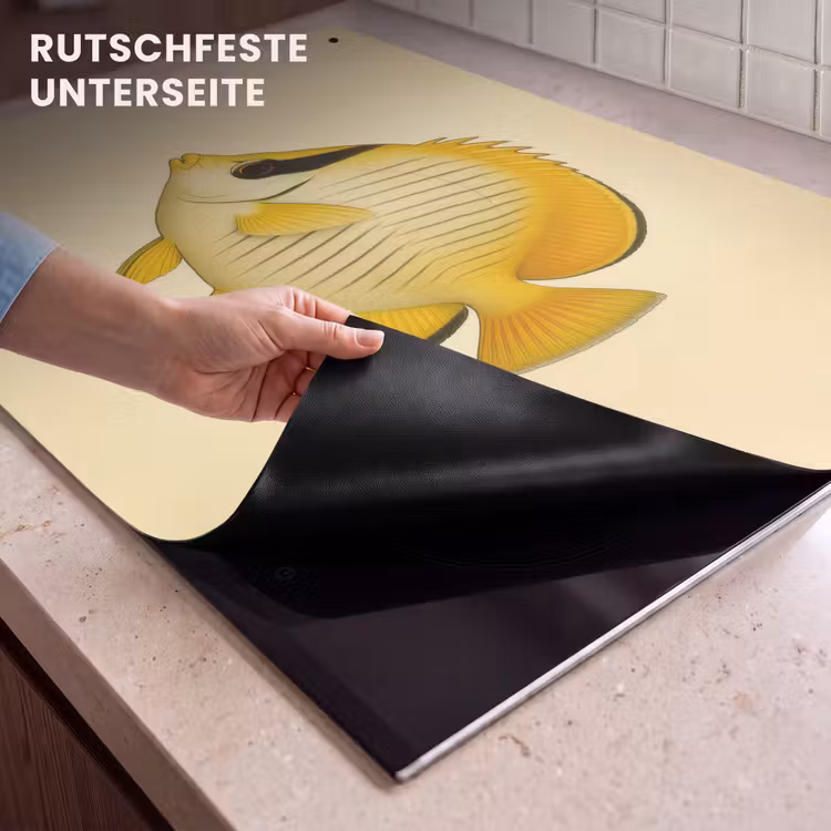 2-in-1 Herdabdeckplatte & Spritzschutz - Oval - Fisch - Gelb - Schuppen - Ovaal - Vis - Geel - Schubben Inductie beschemer met haakjes klein