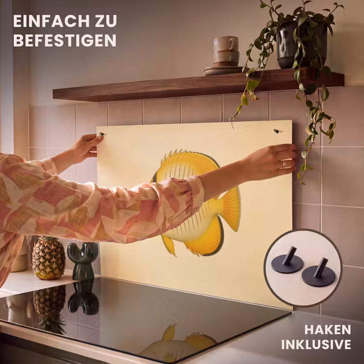 2-in-1 Herdabdeckplatte & Spritzschutz - Oval - Fisch - Gelb - Schuppen - Ovaal - Vis - Geel - Schubben Inductie beschemer met haakjes klein