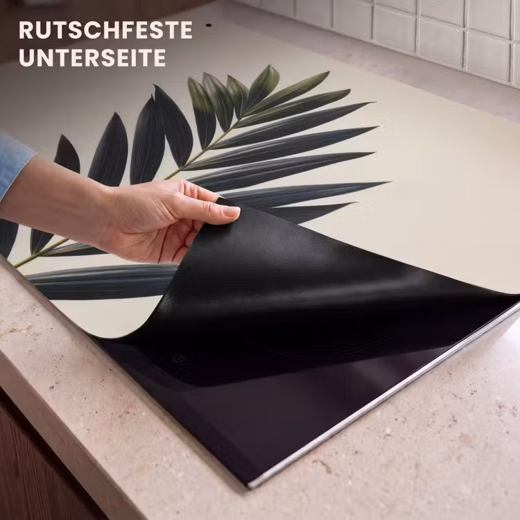 2-in-1 Herdabdeckplatte & Spritzschutz - Palmblatt - Dunkle Blätter - Dezent - Palmblad - Donkere bladen - Subtiel Inductie beschemer met haakjes klein