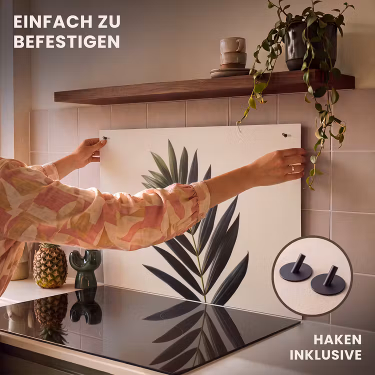 2-in-1 Herdabdeckplatte & Spritzschutz - Palmblatt - Dunkle Blätter - Dezent - Palmblad - Donkere bladen - Subtiel Inductie beschemer met haakjes klein