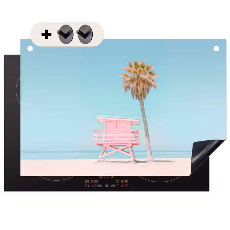 2-in-1 Herdabdeckplatte & Spritzschutz - Palme - Strandhaus - Rosa - Palmboom - Strandhuis - Roze Inductie beschemer met haakjes klein