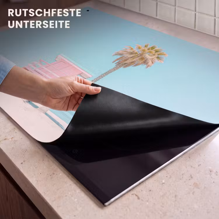 2-in-1 Herdabdeckplatte & Spritzschutz - Palme - Strandhaus - Rosa - Palmboom - Strandhuis - Roze Inductie beschemer met haakjes klein