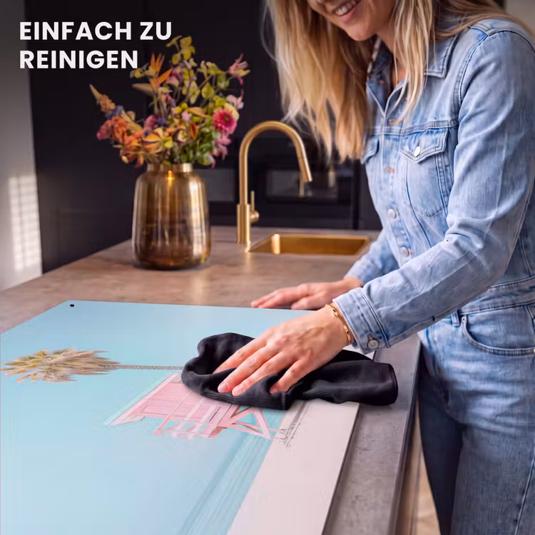 2-in-1 Herdabdeckplatte & Spritzschutz - Palme - Strandhaus - Rosa - Palmboom - Strandhuis - Roze Inductie beschemer met haakjes klein
