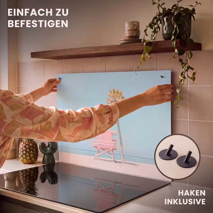 2-in-1 Herdabdeckplatte & Spritzschutz - Palme - Strandhaus - Rosa - Palmboom - Strandhuis - Roze Inductie beschemer met haakjes klein