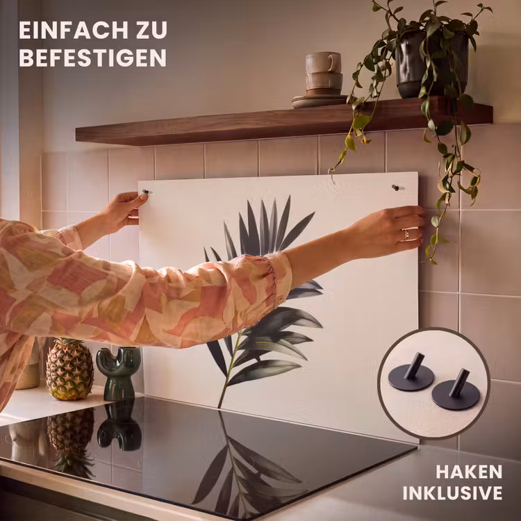 2-in-1 Herdabdeckplatte & Spritzschutz - Palmenblatt - Dezent - Grün - Beige - Palmblad - Subtiel - Groen - beige Inductie beschemer met haakjes klein