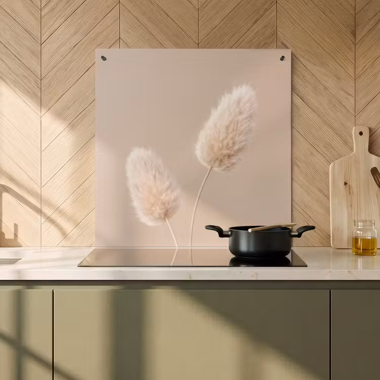 2-in-1 Herdabdeckplatte & Spritzschutz - Pampasfedern - Beige - Pflanzen - Pampas pluimen - Beige - Planten Inductie beschemer met haakjes middel