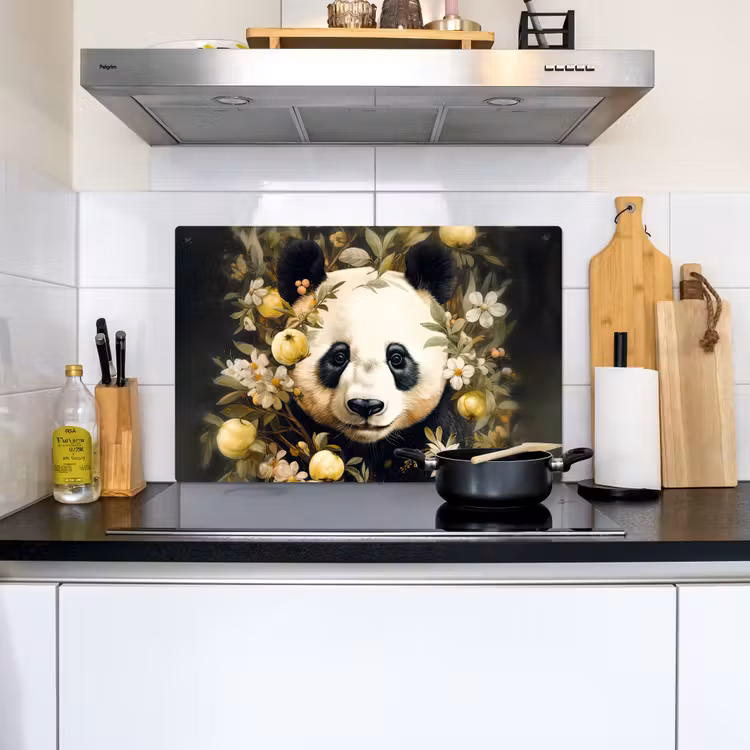 2-in-1 Herdabdeckplatte & Spritzschutz - Panda - Pandabär - Wildtiere - Blumen - Panda - Pandabeer - Wilde dieren - Natuur - Bloemen Inductie beschemer met haakjes klein