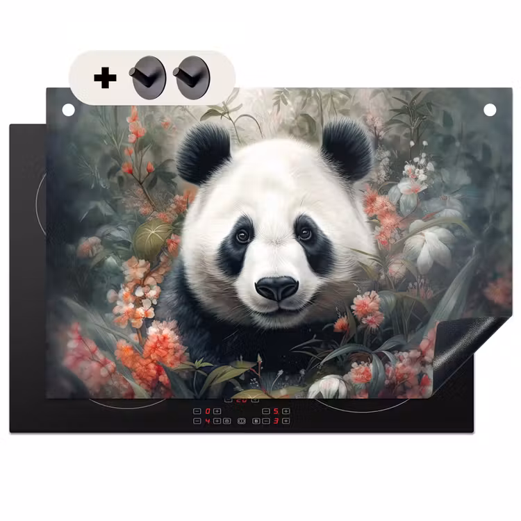 2-in-1 Herdabdeckplatte & Spritzschutz - Panda - Wildtiere - Blumen - Natur - Panda - Wilde dieren - Bloemen - Natuur Inductie beschemer met haakjes klein