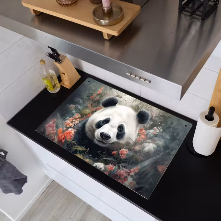2-in-1 Herdabdeckplatte & Spritzschutz - Panda - Wildtiere - Blumen - Natur - Panda - Wilde dieren - Bloemen - Natuur Inductie beschemer met haakjes klein