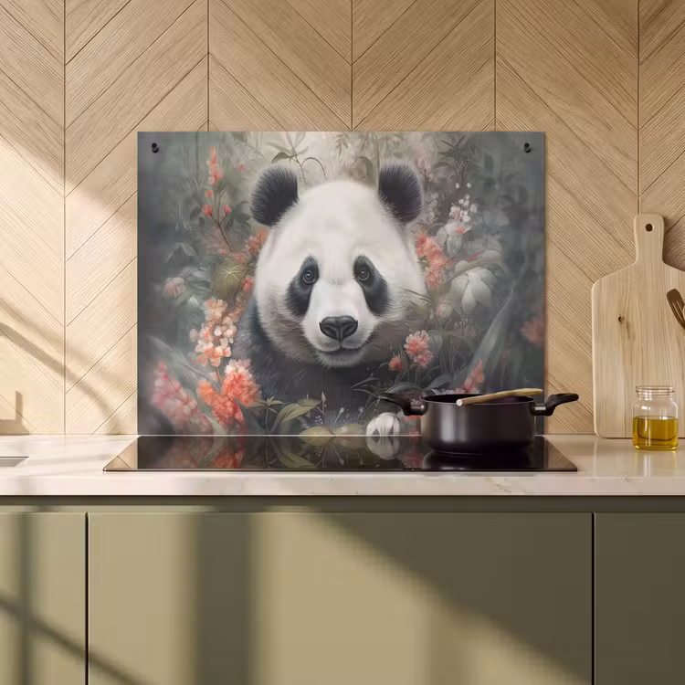 2-in-1 Herdabdeckplatte & Spritzschutz - Panda - Wildtiere - Blumen - Natur - Panda - Wilde dieren - Bloemen - Natuur Inductie beschemer met haakjes klein