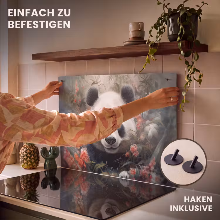 2-in-1 Herdabdeckplatte & Spritzschutz - Panda - Wildtiere - Blumen - Natur - Panda - Wilde dieren - Bloemen - Natuur Inductie beschemer met haakjes klein