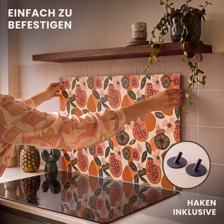 2-in-1 Herdabdeckplatte & Spritzschutz - Papaya - Blüte - Orange - Papaja - Bloesem - Oranje Inductie beschemer met haakjes klein 777
