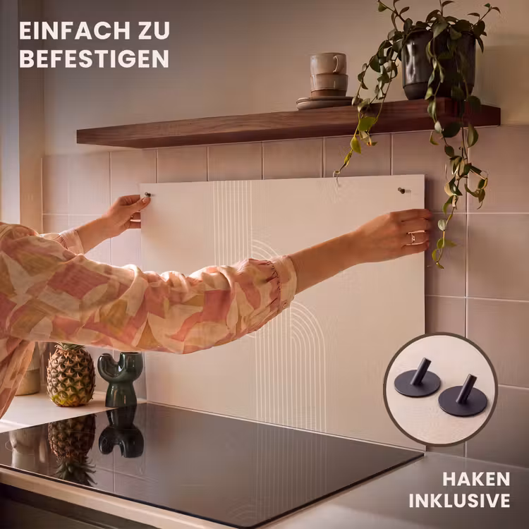 2-in-1 Herdabdeckplatte & Spritzschutz - Parallele Linien - Leichte Textur - Beige - Parallelle lijnen - Lichte textuur - Beige Inductie beschemer met haakjes klein