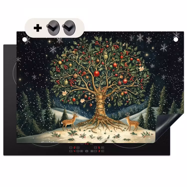 2-in-1 Herdabdeckplatte & Spritzschutz - Partybaum - Winterhimmel - Farbenfroh - Feestboom - Winterhemel - Kleurrijk Inductie beschemer met haakjes klein