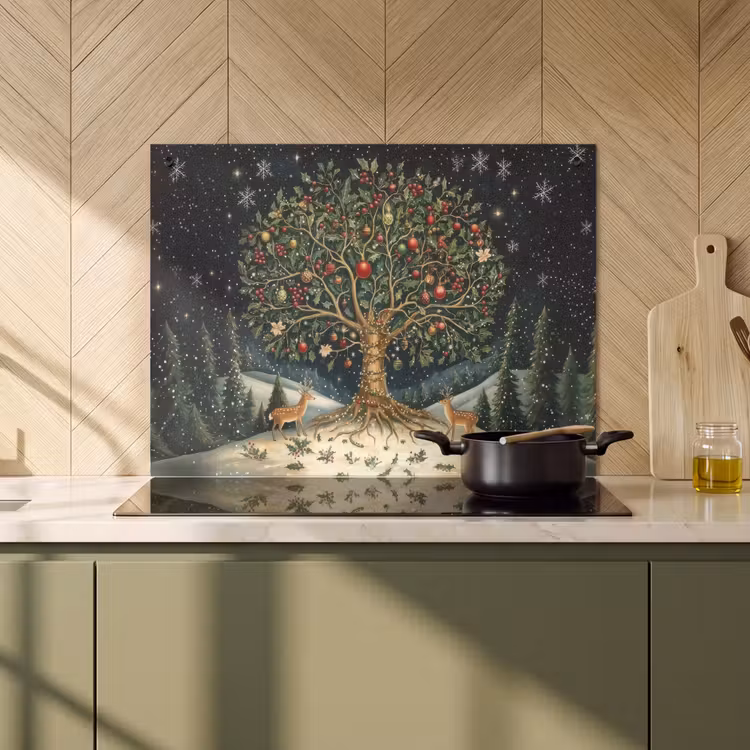 2-in-1 Herdabdeckplatte & Spritzschutz - Partybaum - Winterhimmel - Farbenfroh - Feestboom - Winterhemel - Kleurrijk Inductie beschemer met haakjes klein