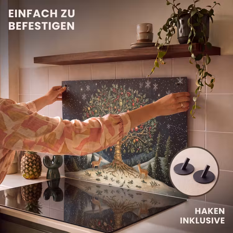 2-in-1 Herdabdeckplatte & Spritzschutz - Partybaum - Winterhimmel - Farbenfroh - Feestboom - Winterhemel - Kleurrijk Inductie beschemer met haakjes klein