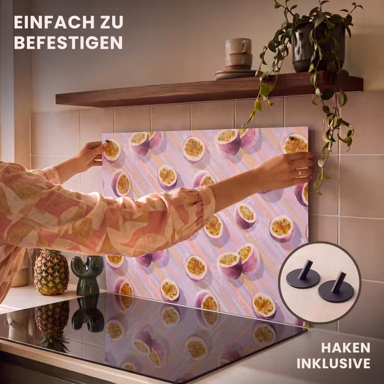 2-in-1 Herdabdeckplatte & Spritzschutz - Passionsfrucht - Tropisch - Lila - Passievrucht - Tropisch - Paars Inductie beschemer met haakjes klein 777